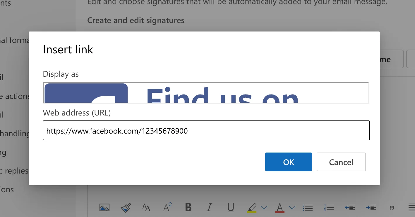 Outlook’s insert link menu with a web address (URL) for a Facebook page filled in