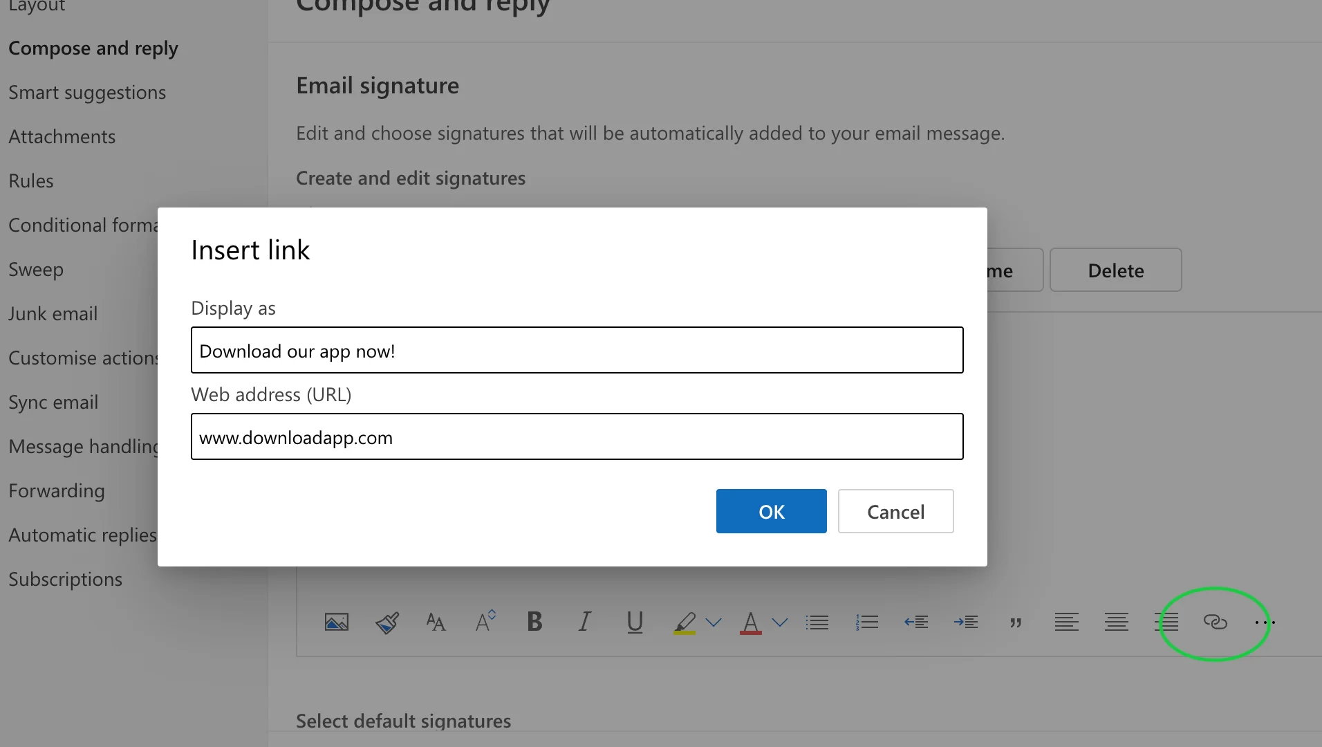 Outlook’s insert link menu with the Display as section filled in with “Download our app now!” and a URL below it