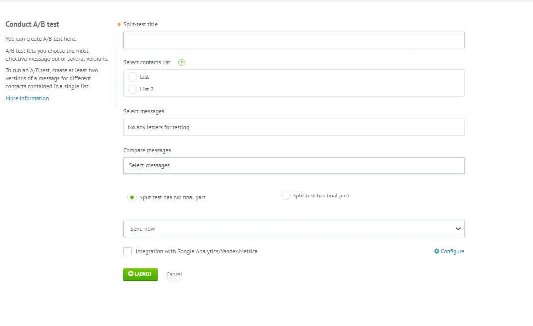 Selzy pre-launch A/B testing screen