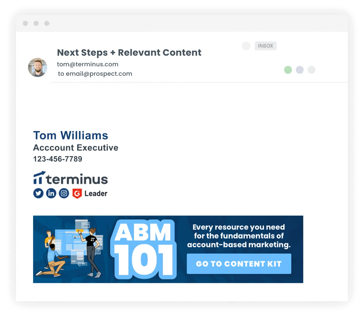 An email signature featuring name, phone number, social media icons, and a banner with a CTA button made with Terminus