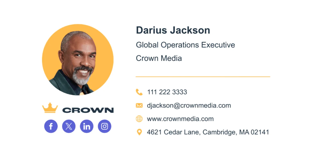 A signature made in HubSpot featuring a name, photo, social media links, and a phone number