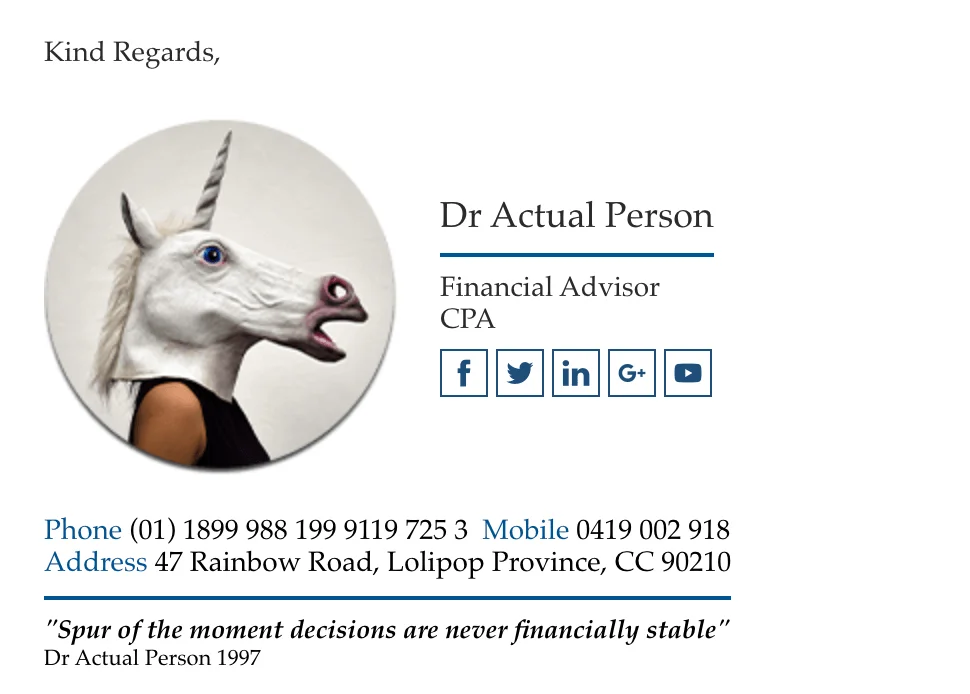 A signature built in Gimmio featuring a photo, phone number, address, social media icons, and a quote