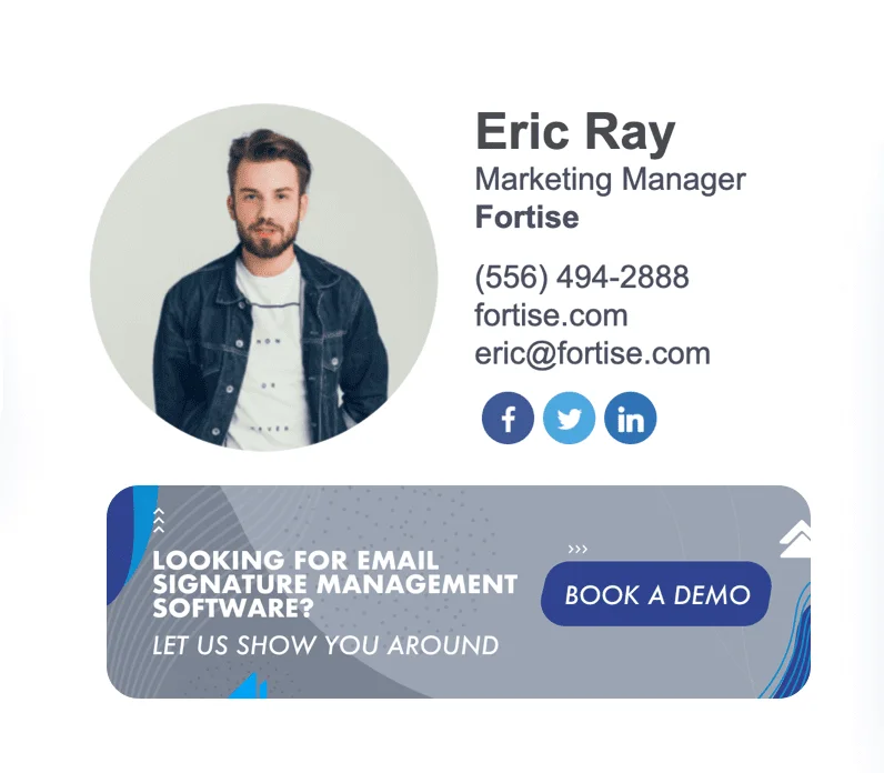 A signature featuring a photo, name, phone number, social media icons, and a banner with a CTA button made in Newoldstamp