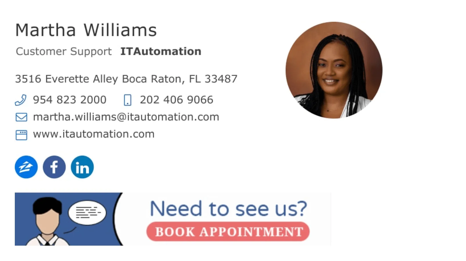 A signature made in WiseStamp featuring a photo, contact details, social media links, and a banner to book an appointment