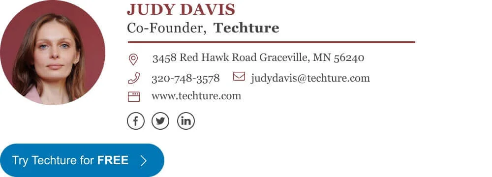 An email signature featuring the name, job title, phone number, address, and a CTA button