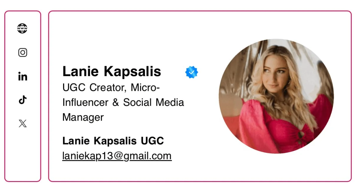 An email signature featuring the sender’s name, photo, and social media buttons on the left side
