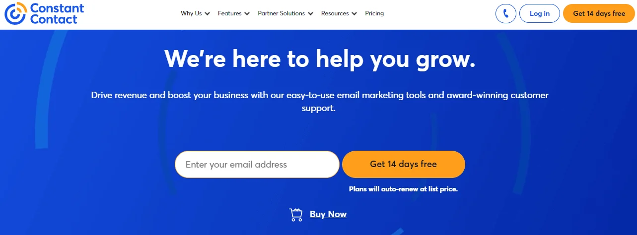 Constant Contact’s website homepage with the heading “We’re here to help you grow”