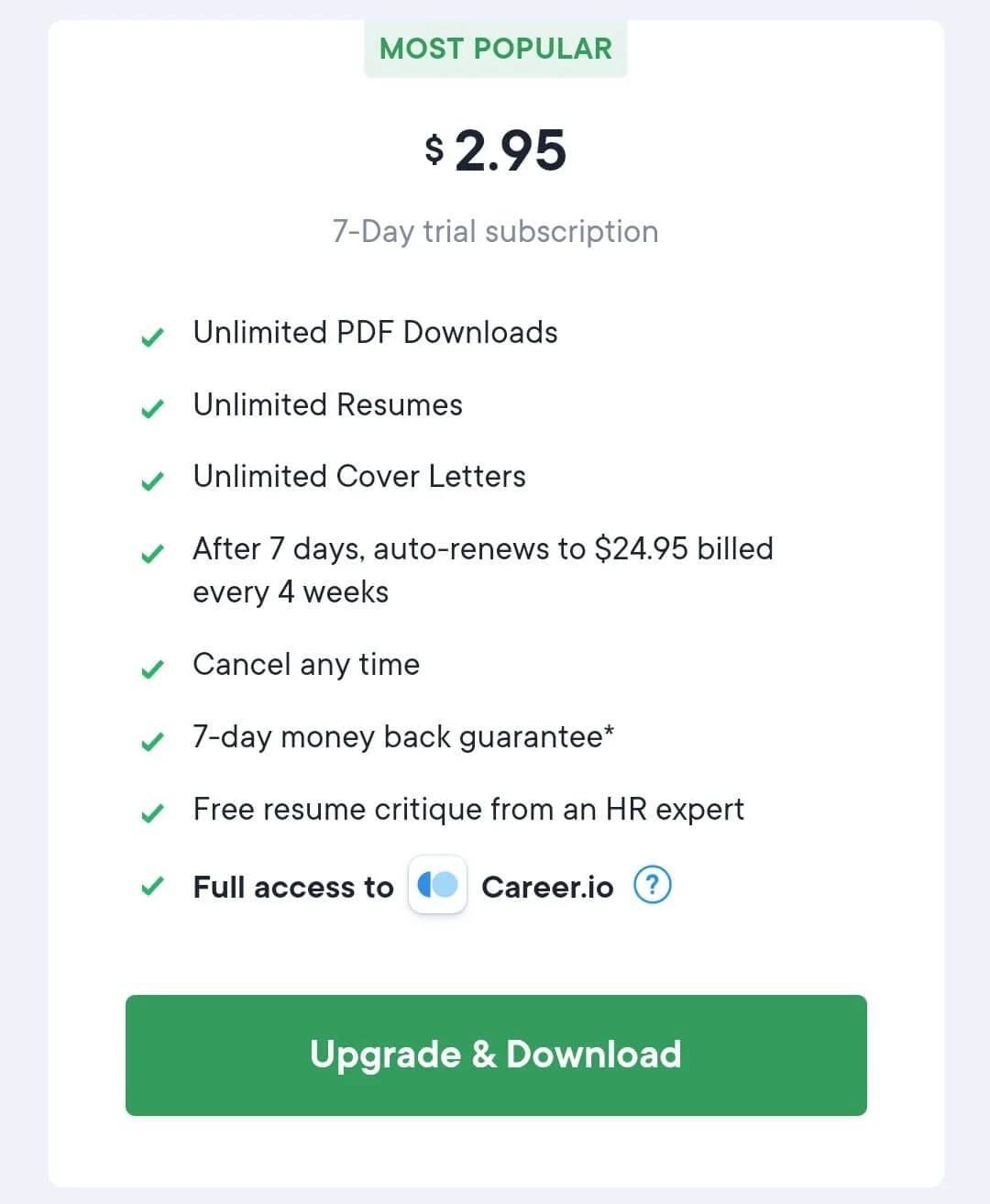 A 7-day trial subscription conditions: it starts at $2.95 for the first week, and then renews at $24.95 every four weeks