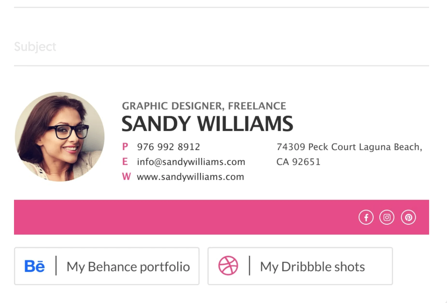 A signature featuring a name, contact details, and links to portfolios