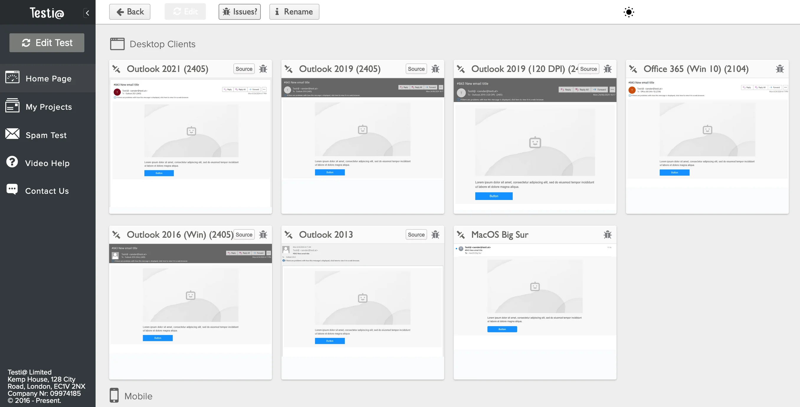 The website displays screenshots of what the email looks like on desktop clients like Outlook (2021), Outlook (2013), MacOs Big Sur, and more.