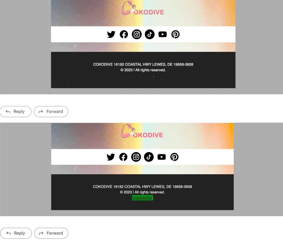 An email with an unsubscribe link in black on a footer with a black background that is practically invisible