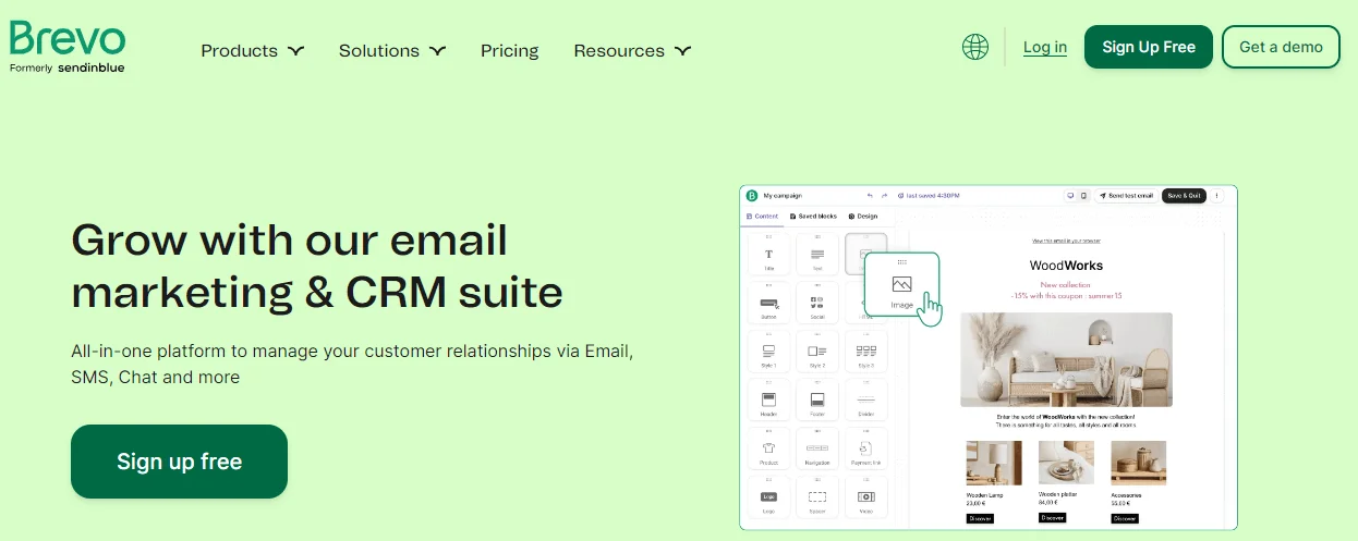 Brevo’s website homepage with the heading “Grow with our email marketing & CRM suite”