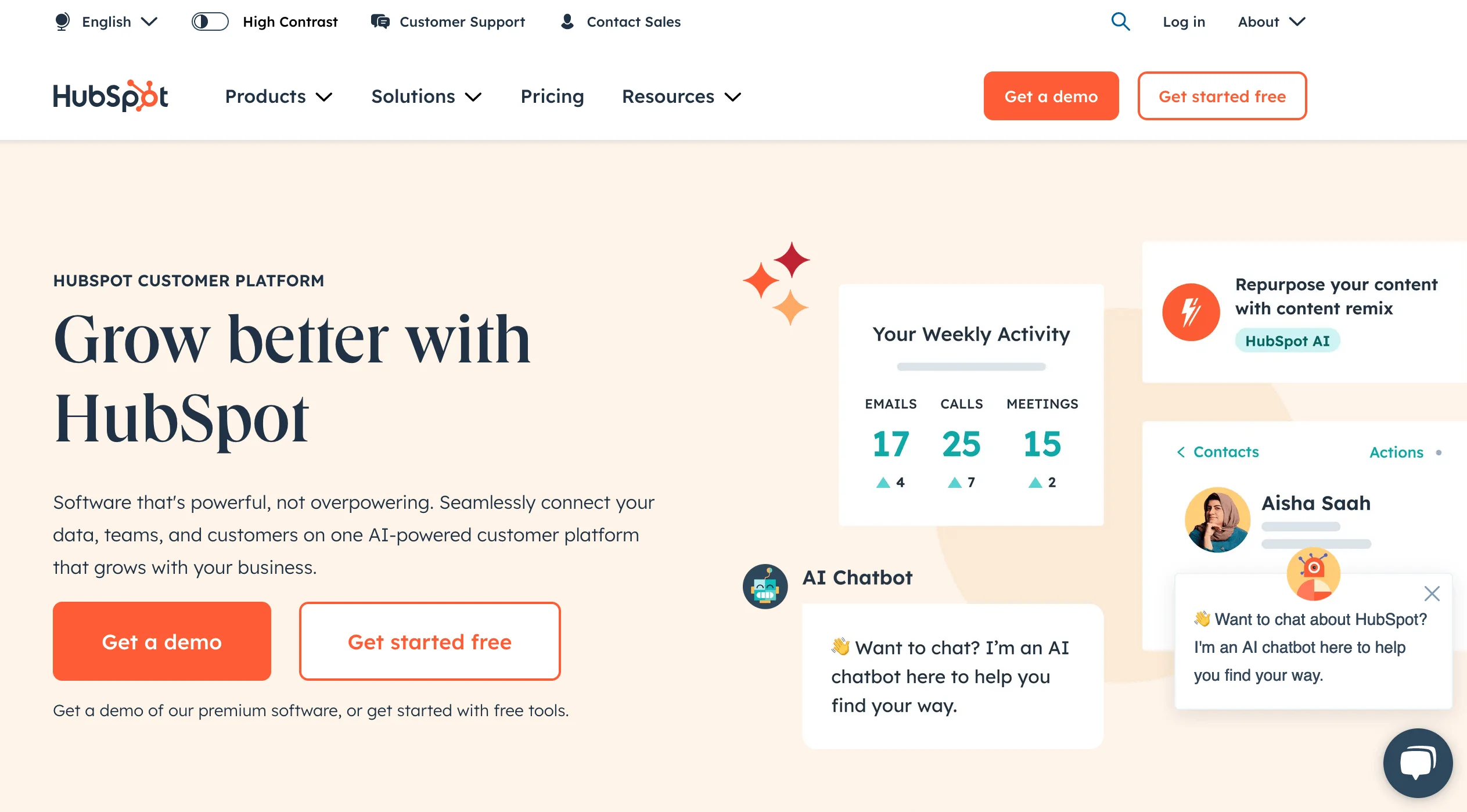 HubSpot homepage with the heading “Grow better with HubSpot”