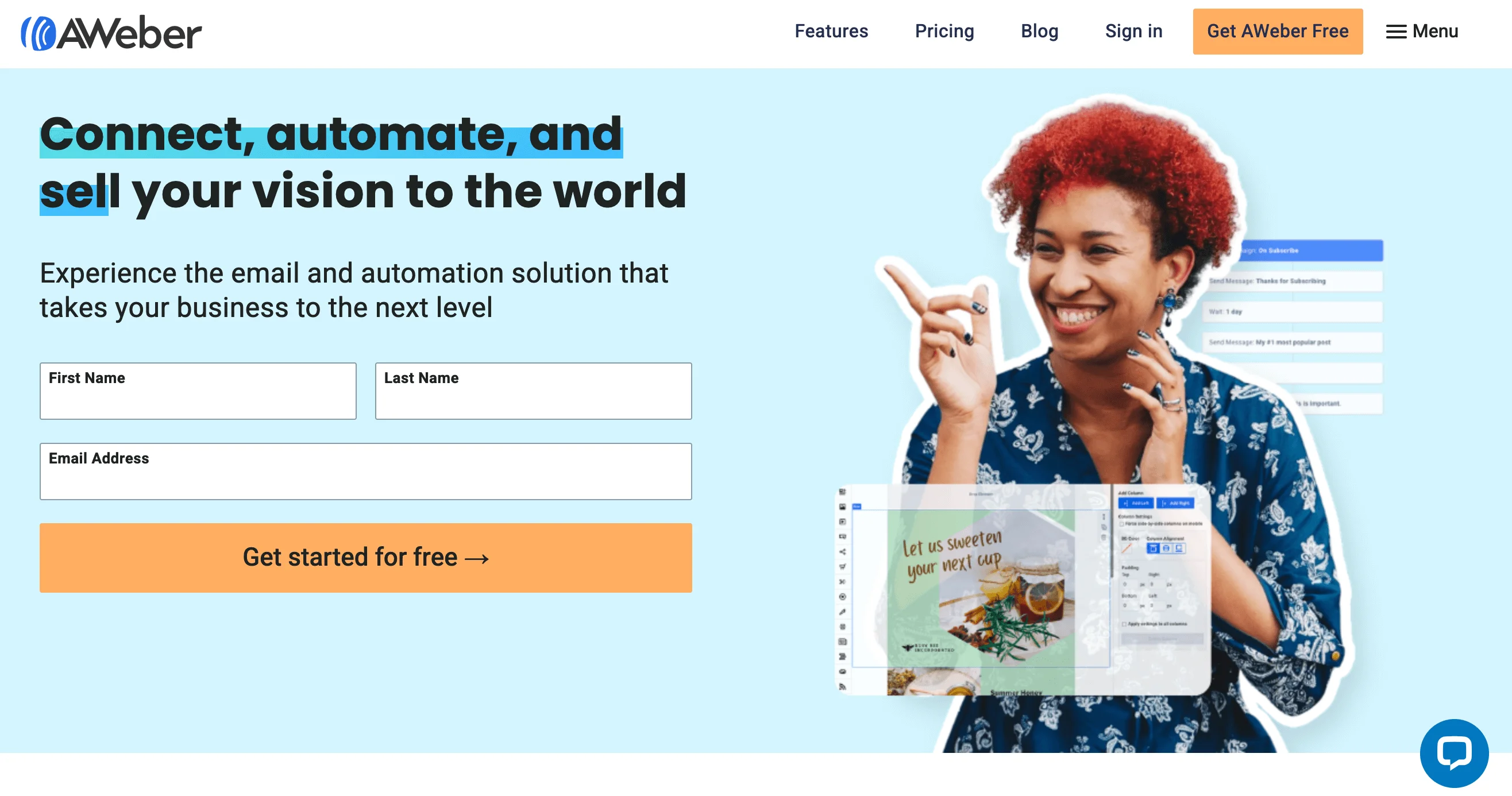 AWeber homepage with the heading “Connect, automate, and sell your vision to the world”