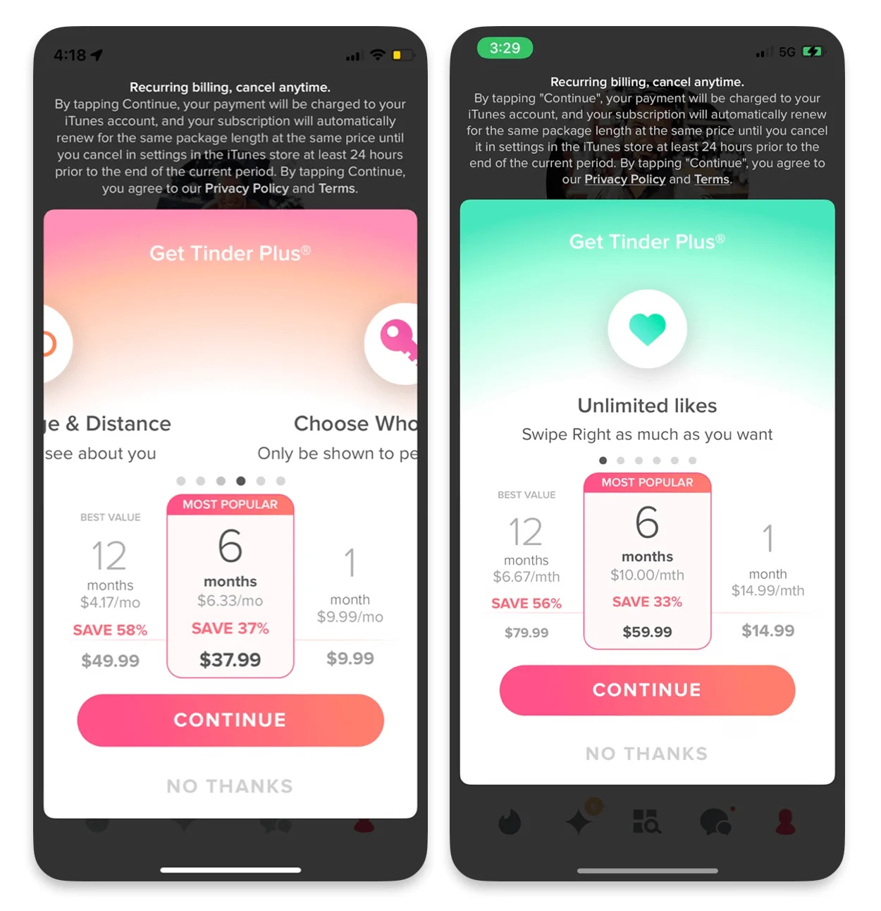 Two screenshots showing the differences between Tender Plus prices presented to people of different ages. On the left: 6 months for $37.99 ($6.33 a month); on the right: 6 months for $59.99 ($10 a month).