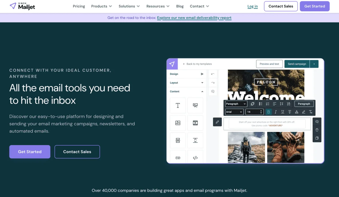 Mailjet homepage with the heading “All the email tools you need to hit the inbox”