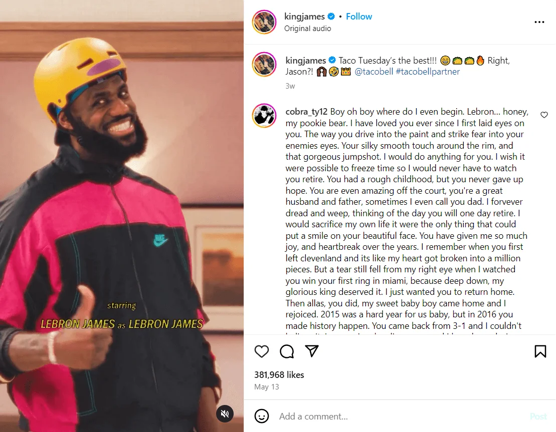 A screenshot of an Instagram account with LeBron James giving a thumbs up in a Taco Bell integration