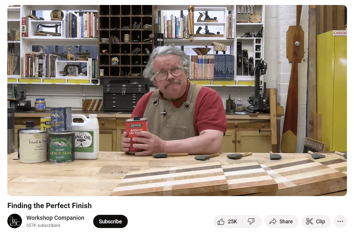 A screenshot of a YouTube video from the Workshop Companion channel, featuring a woodworker expert presenting an array of finishing products