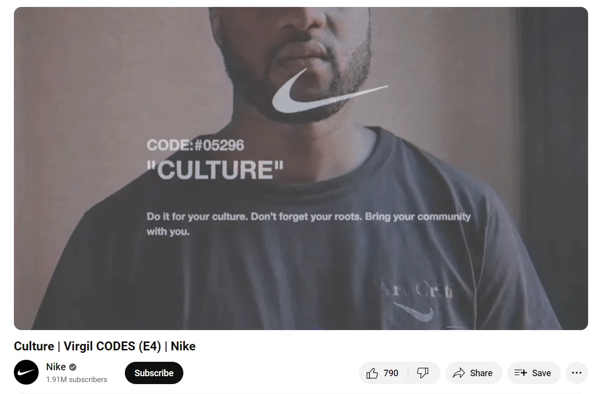 A screenshot of a video from the Nike YouTube channel, featuring a quote from designer Virgil Abloh