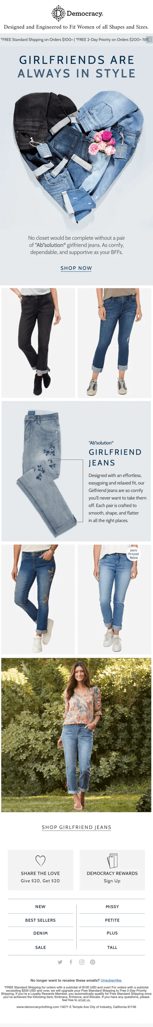 An email from Democracy promoting jeans on National Girlfriends Day