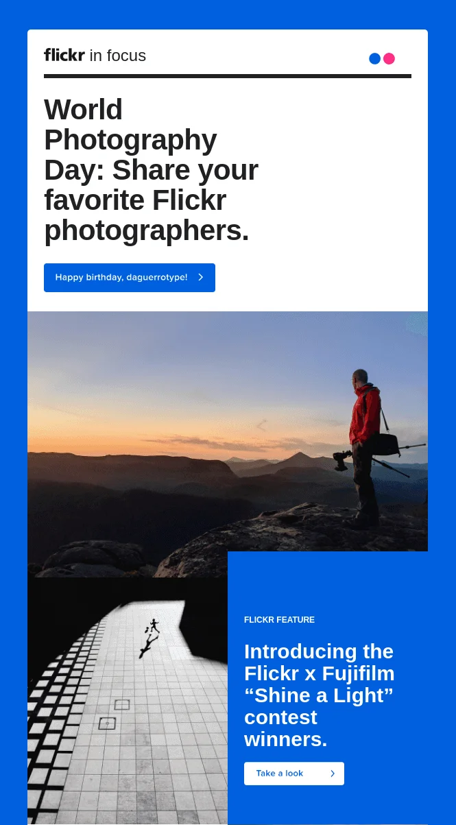 An email from Flickr celebrating World Photography Day with the heading World Photography Day: Share your favorite Flickr photographers