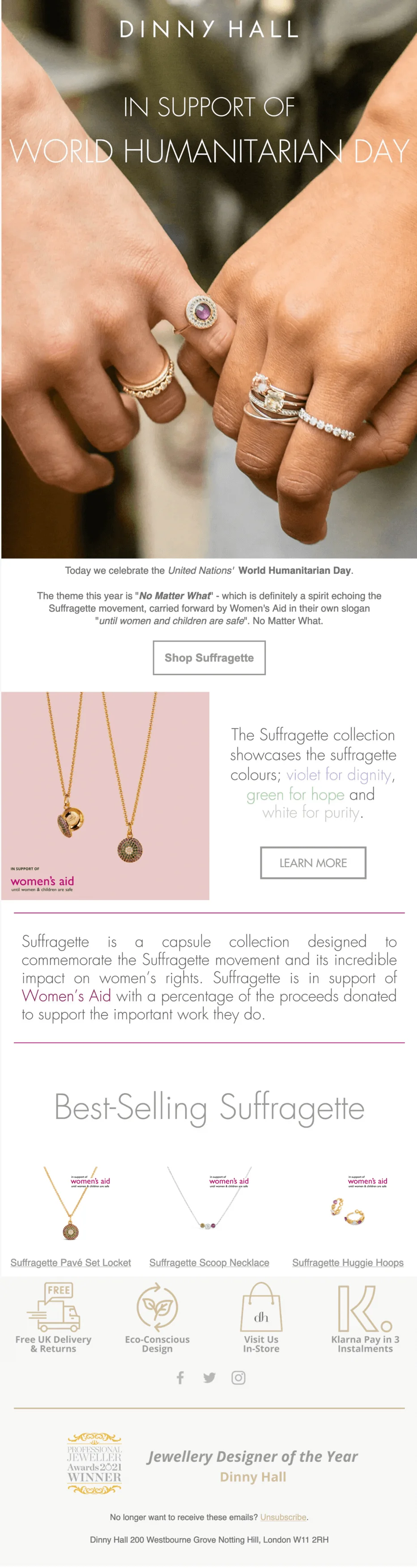 An email from Dinny Hall promoting suffragette jewelry collection on World Humanitarian Day