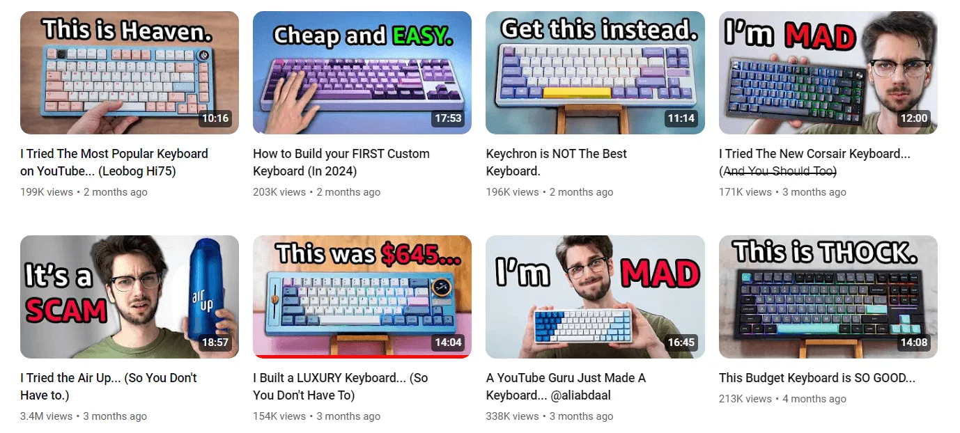 A screenshot of Hipyo Tech YouTube page featuring keyboard review videos with viewership count ranging from 200K to 3.4M views