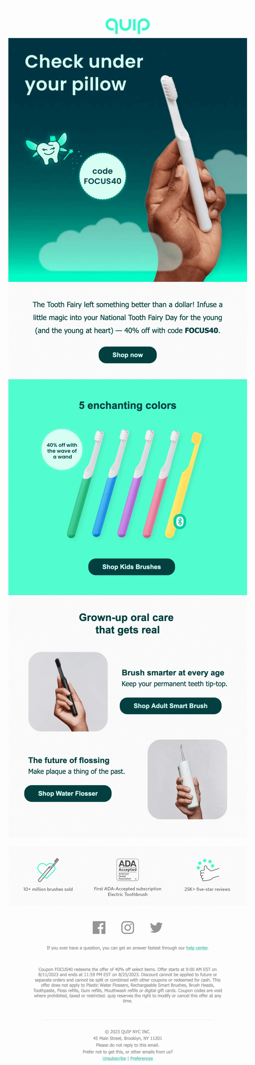 An email from Quip offering discounts on kids’ toothbrushes on National Tooth Fairy Day