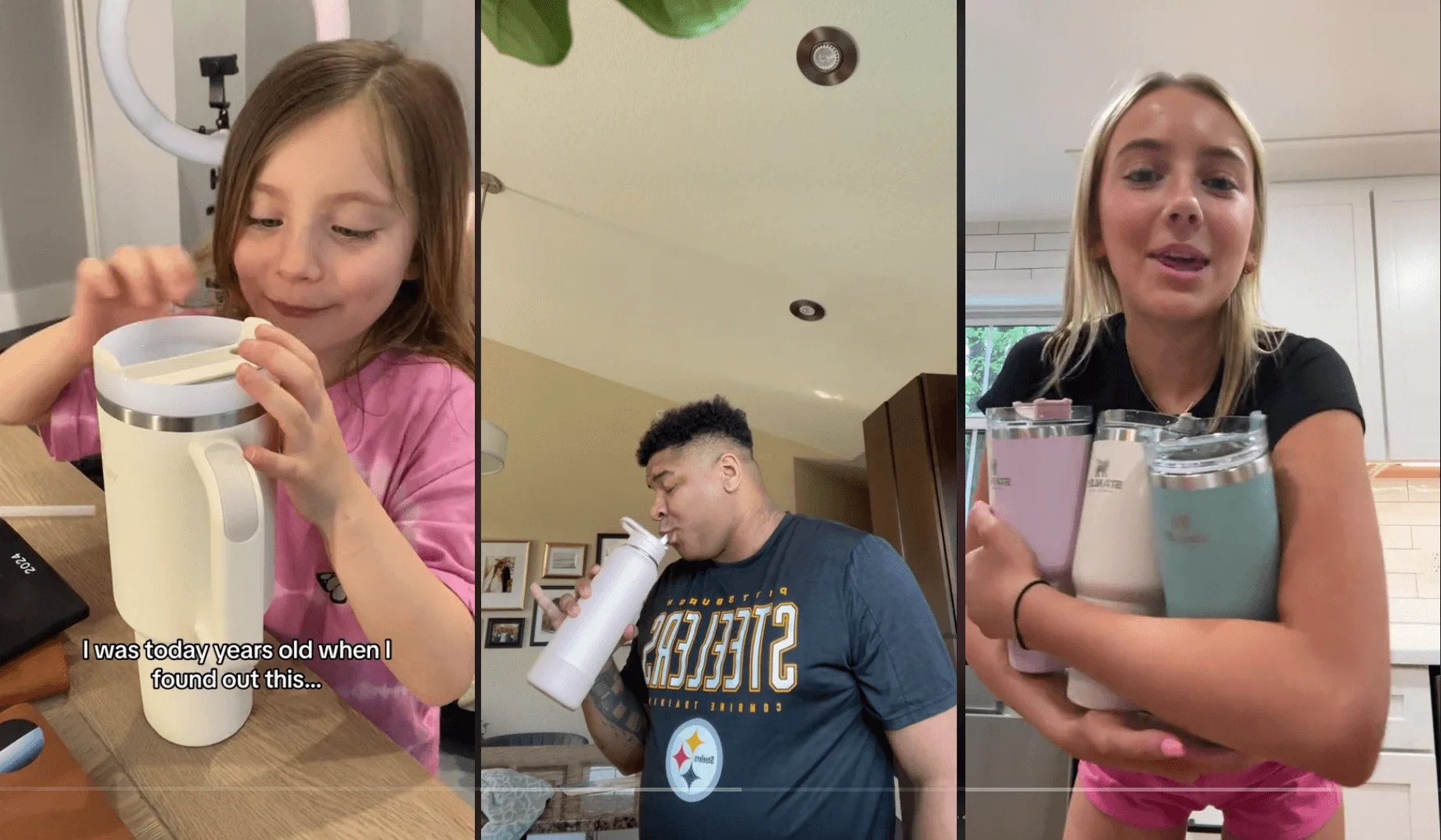 Three screenshots of TikTok influencers promoting Stanley cups through their content
