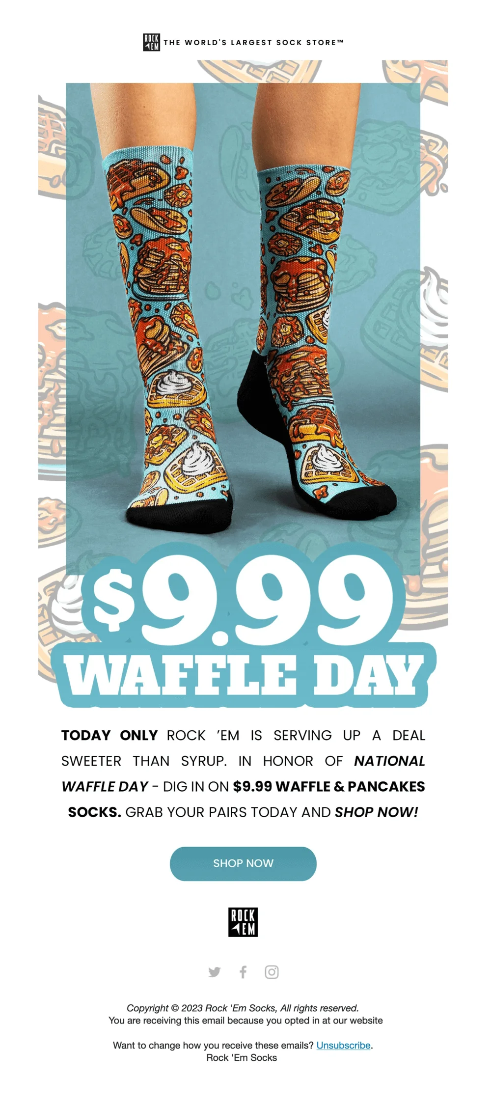 An email from Rock’em featuring a deal for waffle-themed socks for National Waffle Day