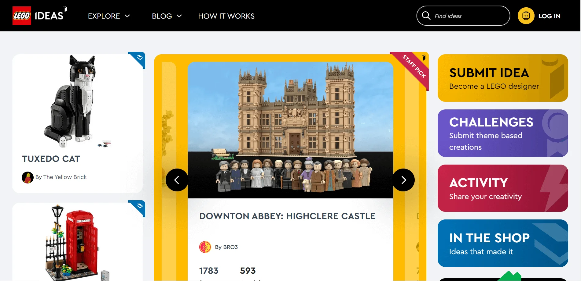 A screenshot of LEGO Ideas site main page that shows user-generated designs and menu buttons to submit your own ideas