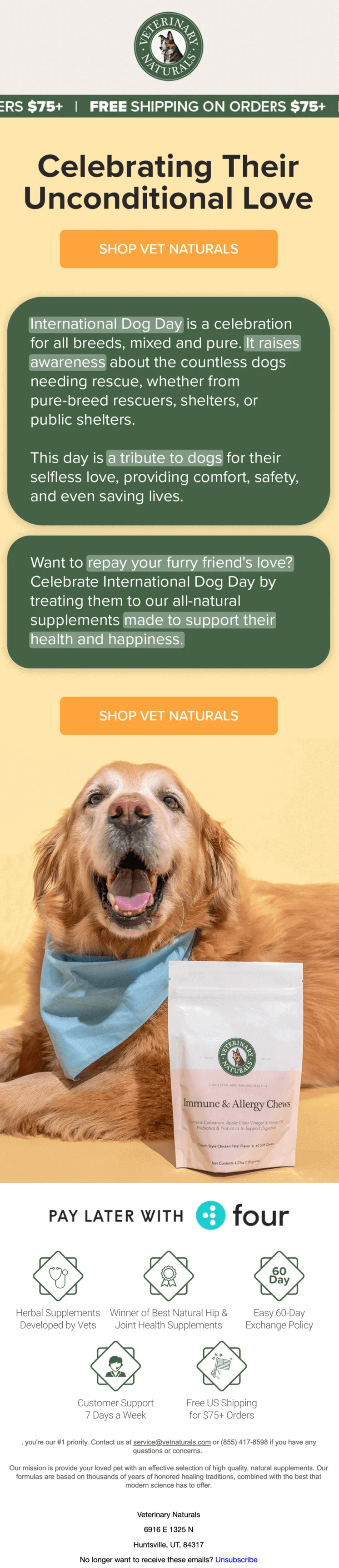An email from Veterinary Naturals with the tagline “Celebrating their unconditional love”