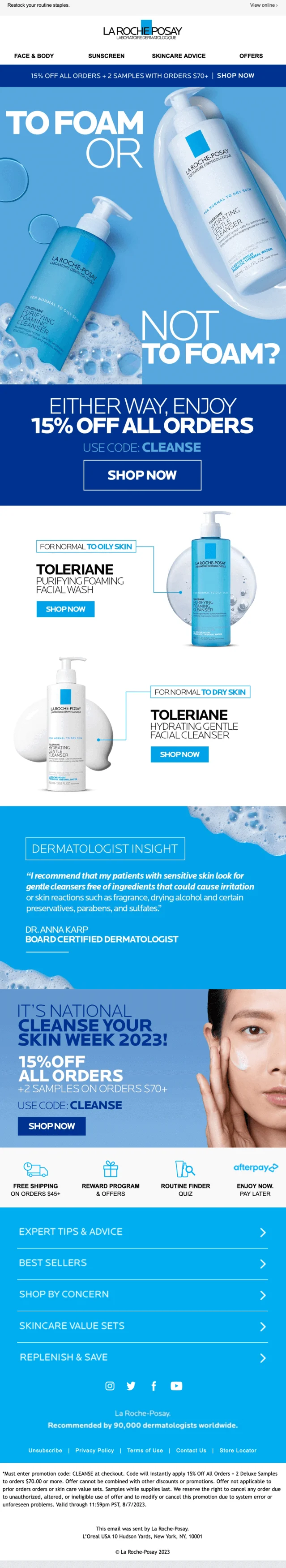An email from La Roche Posay featuring information about their best-selling facial cleansers
