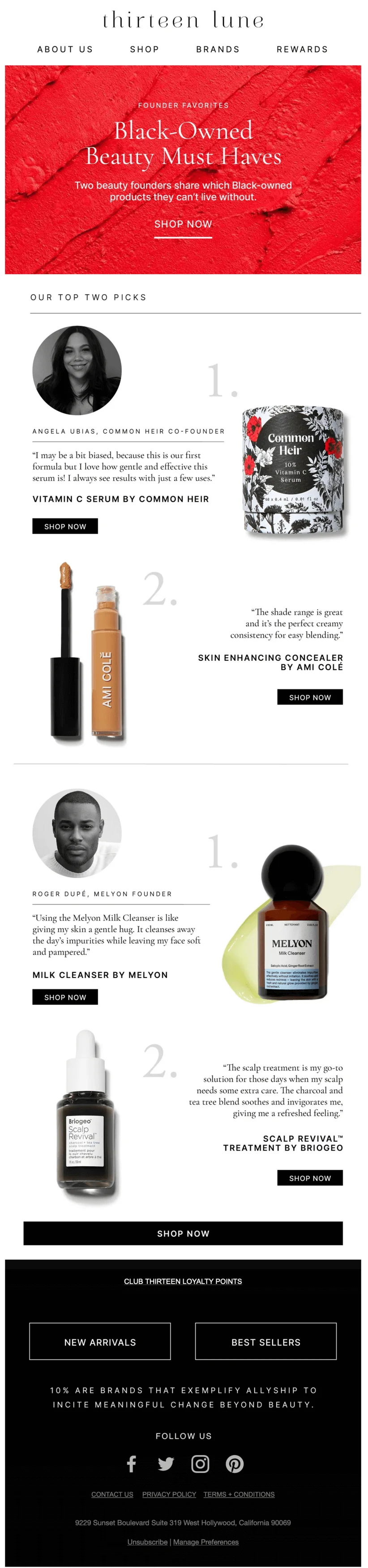 An email from Thirteen Lune featuring information about the founders’ top picks