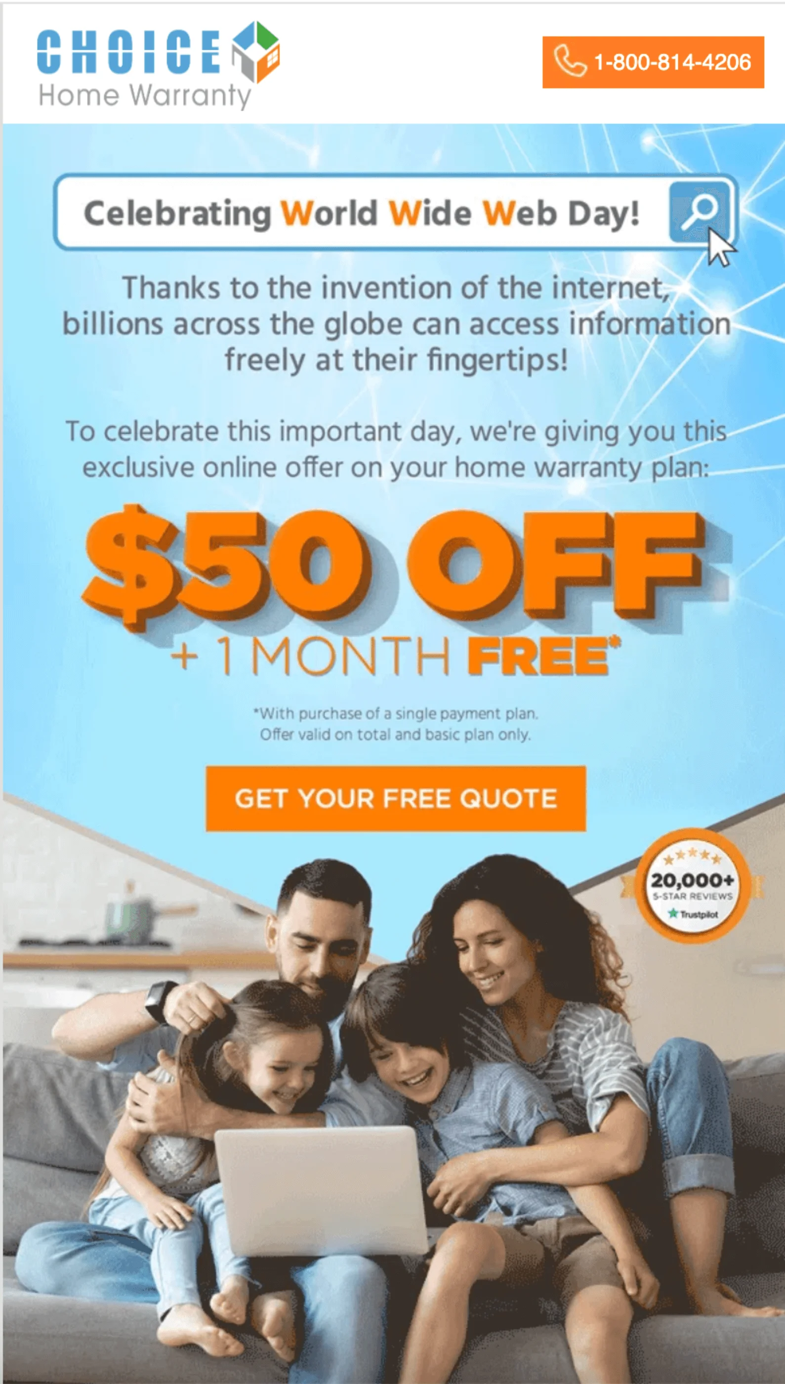 An email from Choice Home Insurance offering a $50 discount for World Wide Web Day
