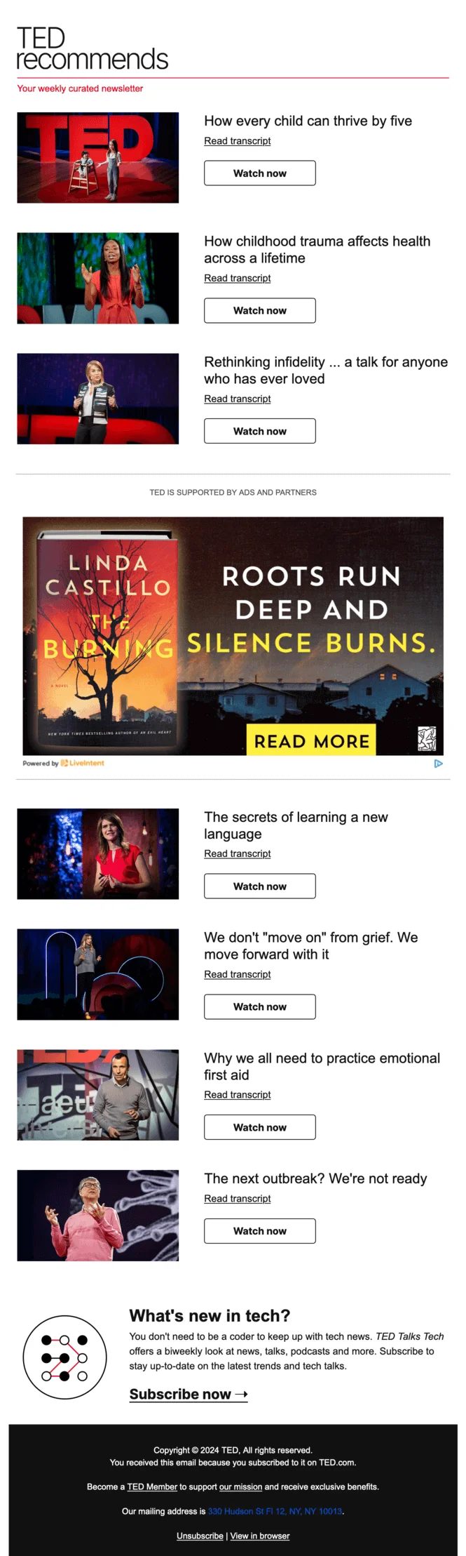A TED recommends newsletter with 7 video recommendations on topics like emotional first aid, learning a new language, etc.