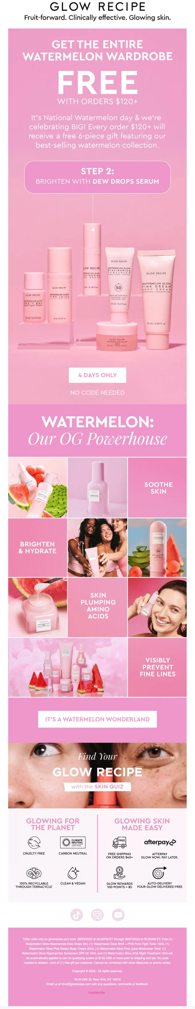An email from Glow Recipe offering a free gift to those who spend $120