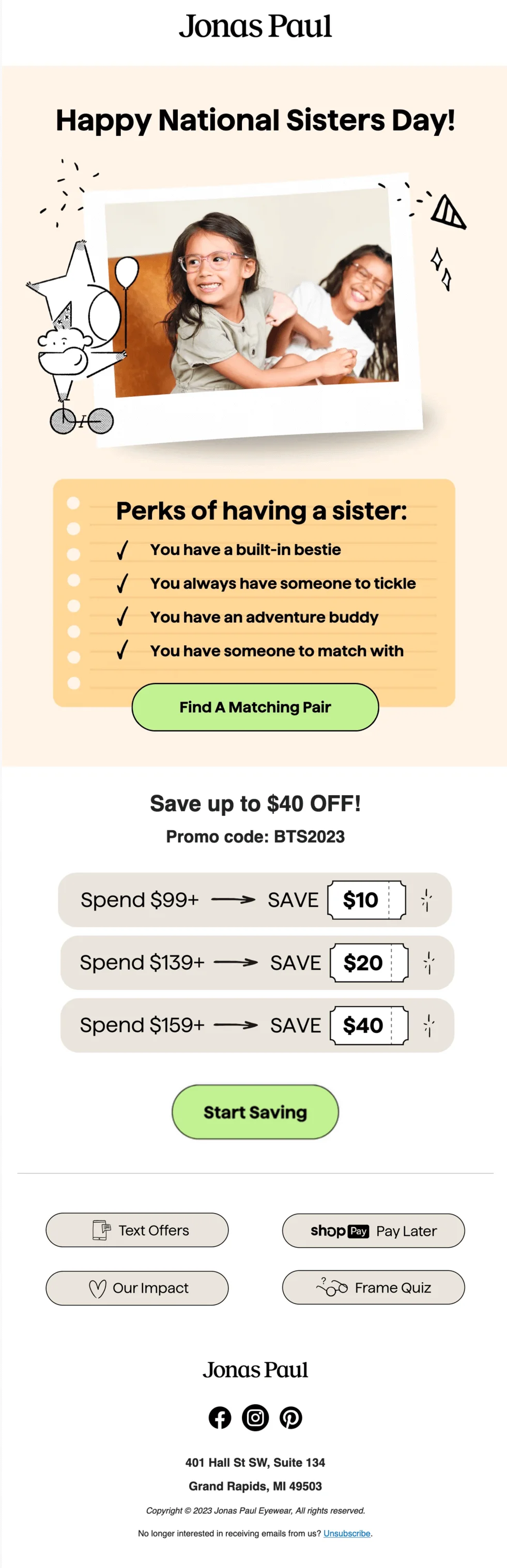 A National Sisters Day promotional email from Jonas Paul offering a promo code