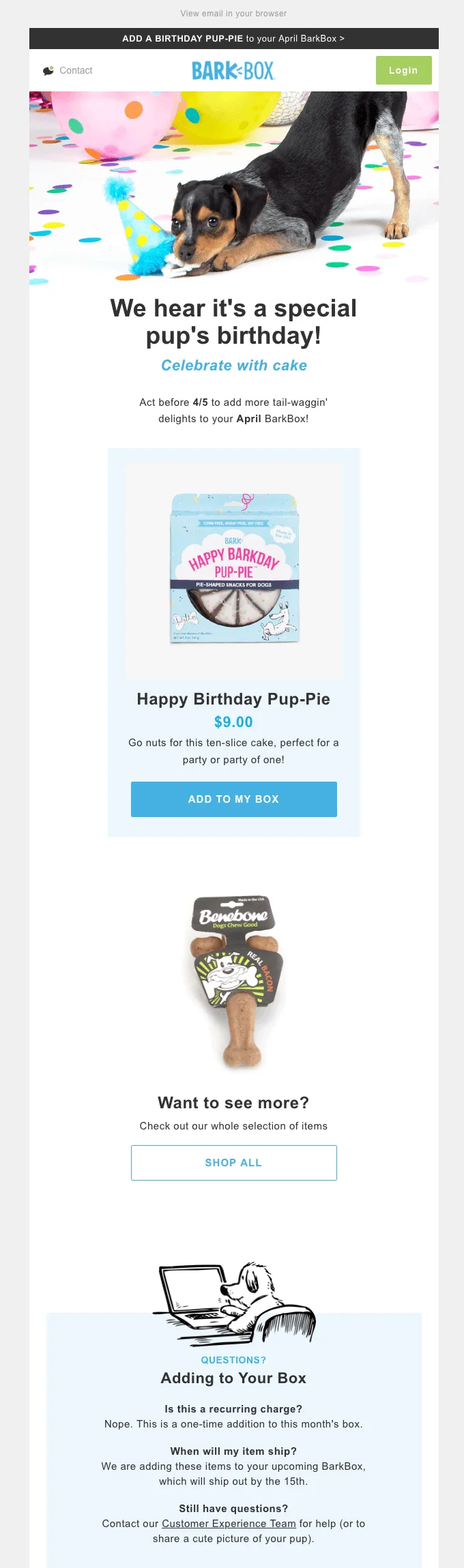 An email by BarkBox featuring an image of a dog playing with a birthday party hat