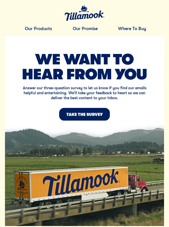 An email from Tillamook featuring an image of a truck with the brand’s name on it