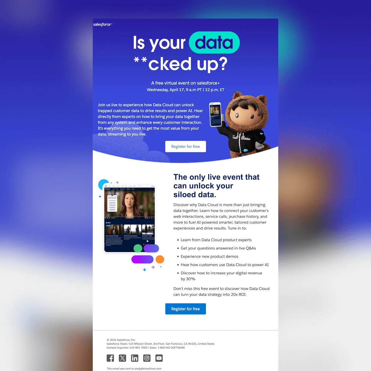A Salesforce email with the tagline “Is your data **cked up?” and promoting a virtual event about unlocking a siloed data