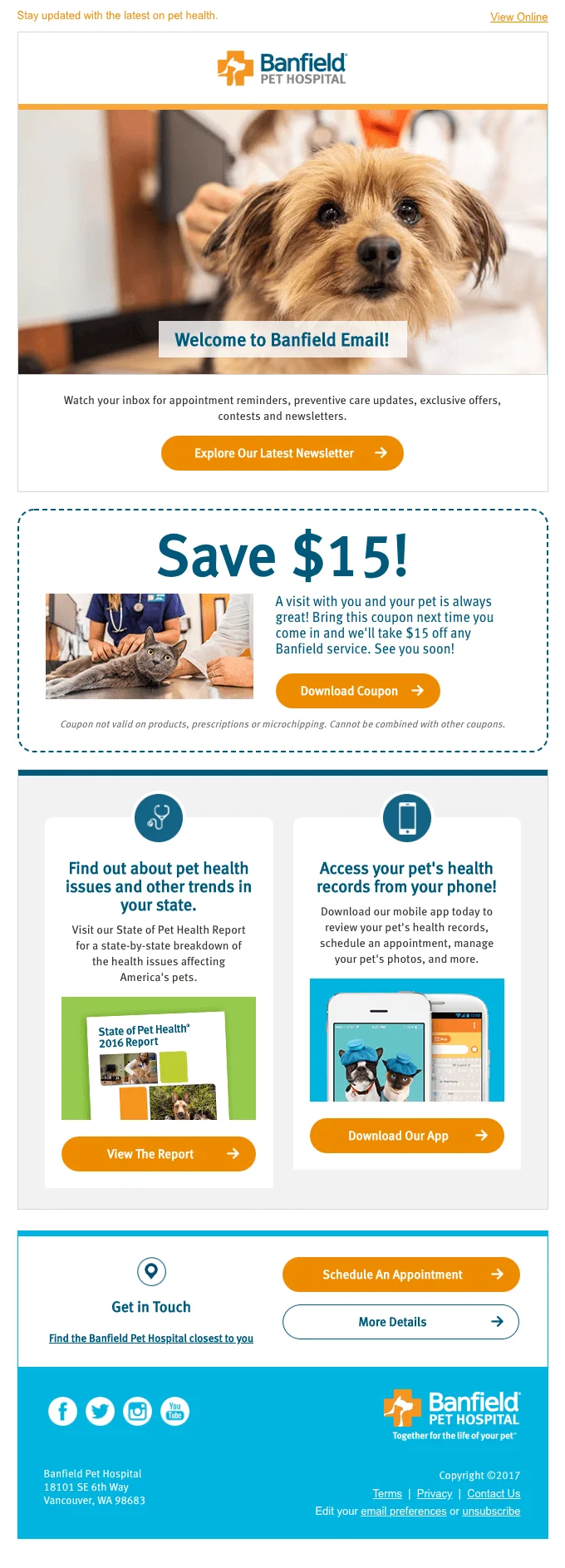 An email from Banfield Pet Hospital featuring an image of a dog on a vet appointment