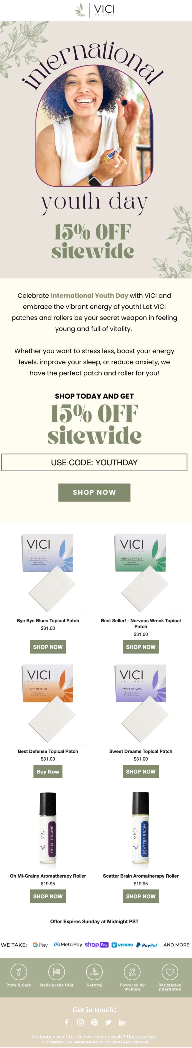 An email from Vici, offering a 15% discount on all products for International Youth Day