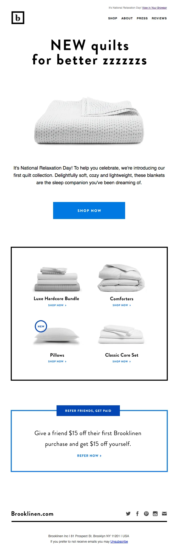 A National Relaxation Day promotional email from Brooklinen with the tagline New quilts for better zzzzzs