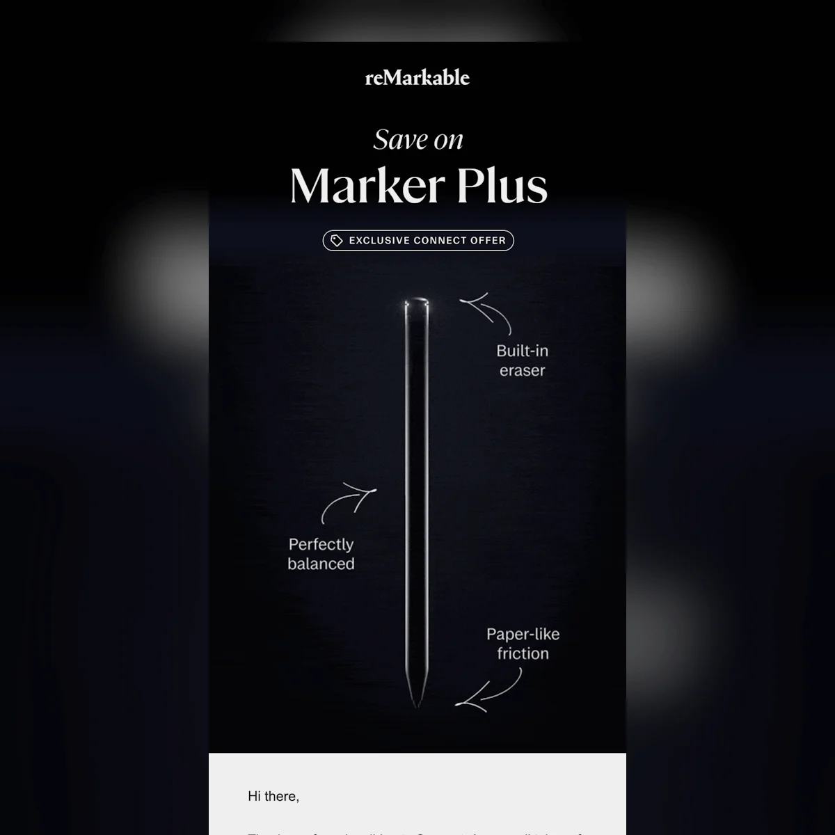A reMarkable email with the tagline “Save on Marker Plus” and an outline of a marker with 3 of its advantages pointed out near the picture