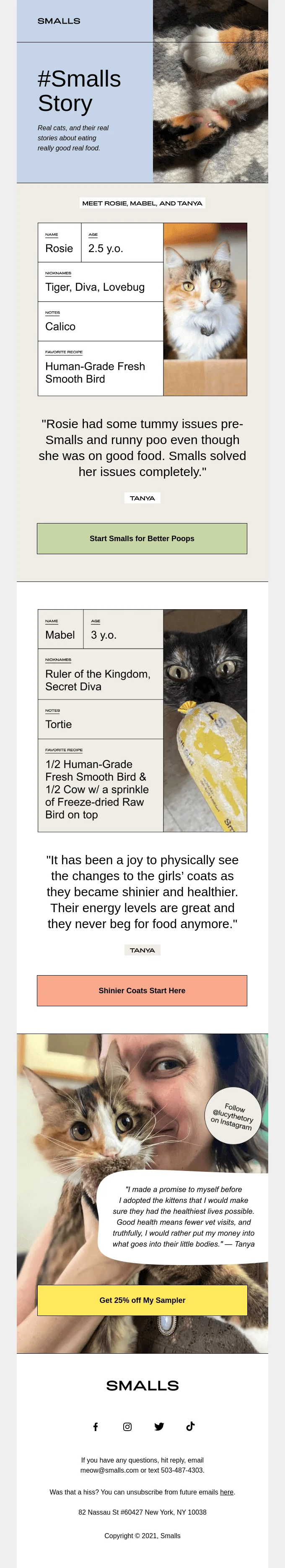 An email from Smalls featuring images of cats and their stories