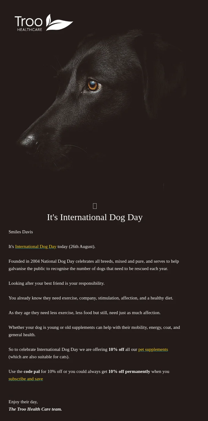An email from Troo Health Care for International Dog Day featuring an image of a dog on a dark background