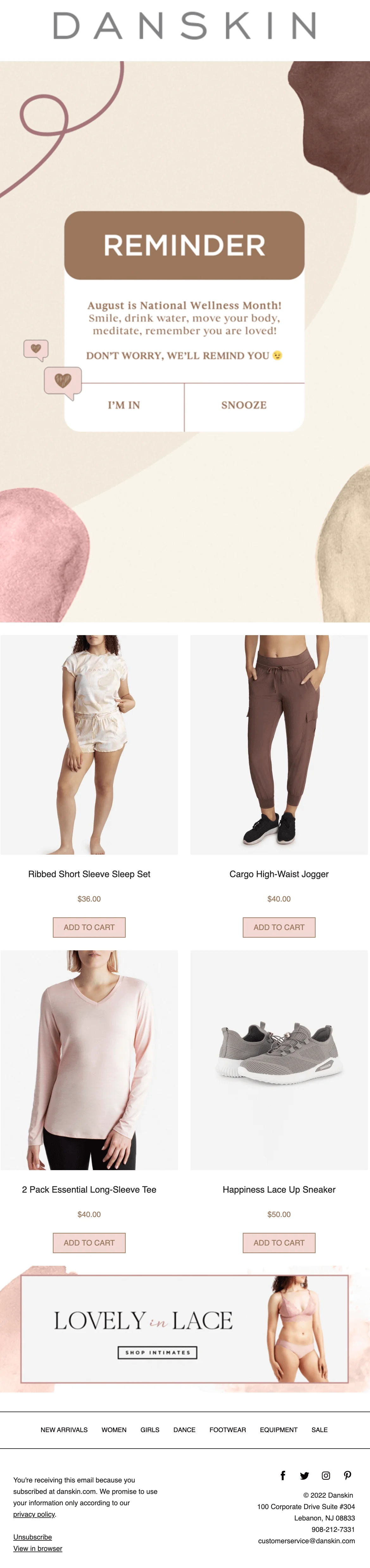 Email from Danskin celebrating National Wellness Month with a reminder to practice self-care. Features a soft, pastel design and promotes wellness-themed products including a sleep set, joggers, long-sleeve tees, and sneakers. Includes a "Lovely in Lace" lingerie section and shopping links.