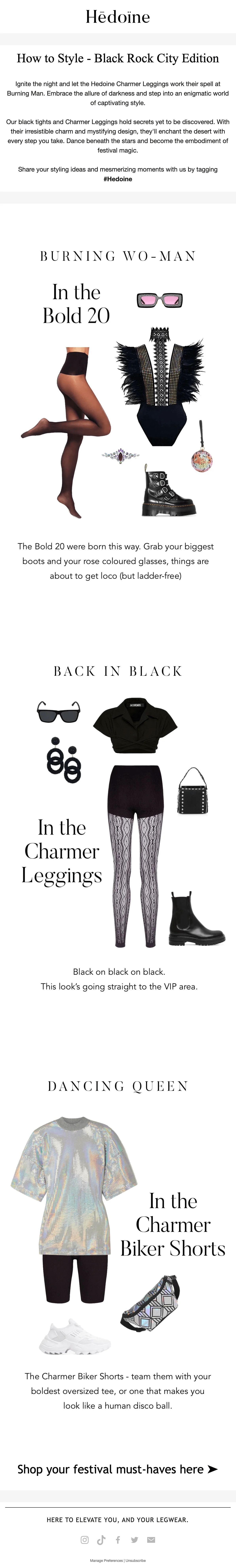 Hēdoïne email with three edgy festival outfit ideas for Burning Man, featuring their tights, leggings, and biker shorts. CTA encourages readers to shop for festival must-haves.