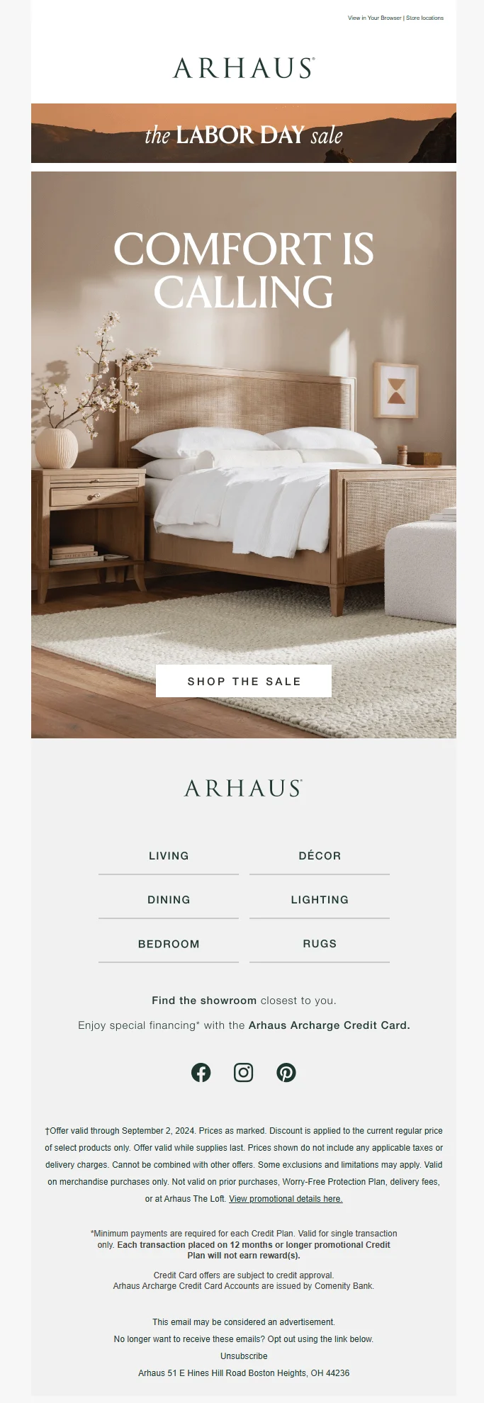 Labor Day email from Arhaus that features white and light beige home decor items and has a tagline